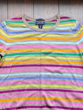 LANDS’ END Girl Pullover 100% Supima Cotton Gray Rainbow Multicolor Stripes 6-8